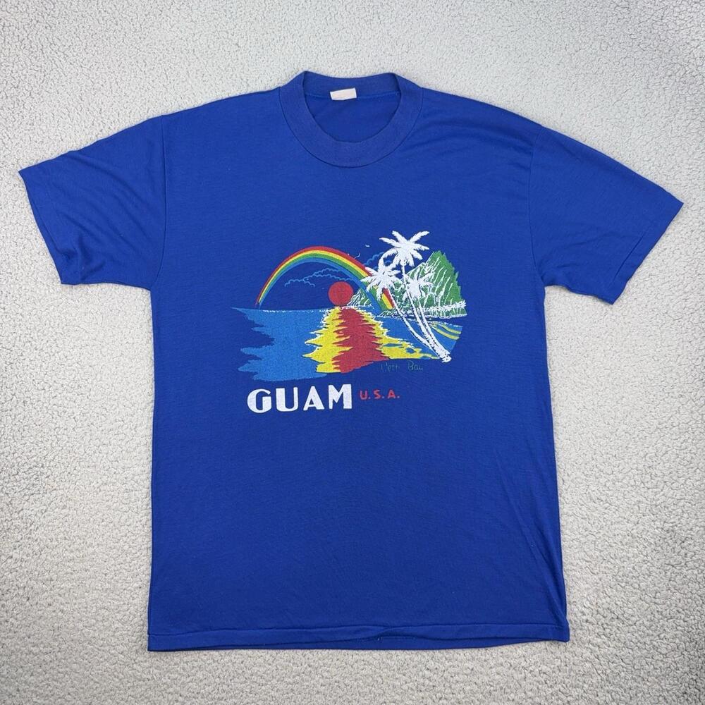 Vintage Guam Shirt Mens Medium Blue Rainbow Sunset Beach Graphic U.S.A. Tee
